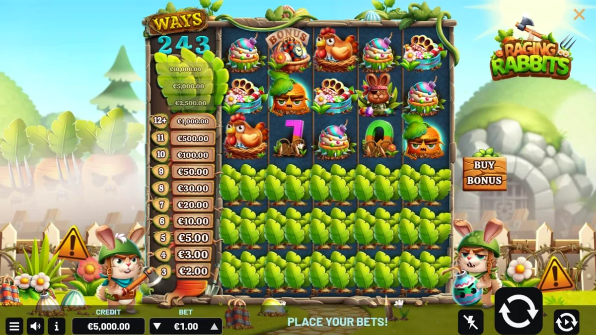 Kelinci kartun dengan perlengkapan militer di latar belakang medan perang slot Raging Rabbits